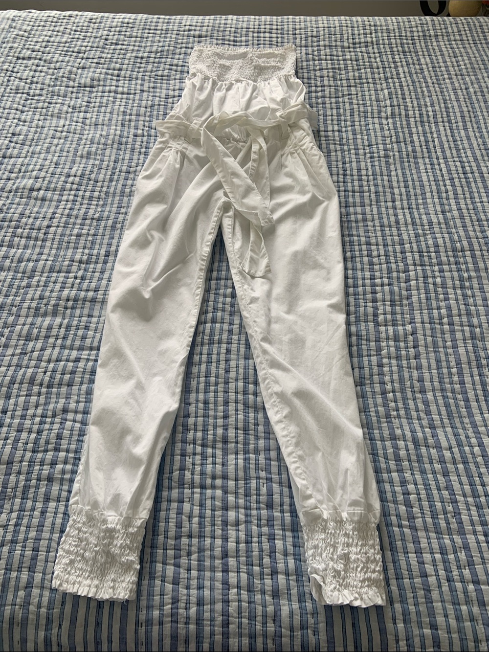 100 % Cotton White Smocked Waist Tie Jumpsuit